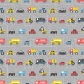 Toy Cars. Seamless Pattern. Road Traffic Print. Different toy cars: firefighters car, truck, taxi, bus, truck Royalty Free Stock Photo