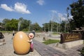 Toy cartoon statue symbol of San Kamphaeng Hot Springs in Sankamphaeng District for Thai people and foreign traveler walking