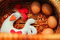 Toy Chicken wooden basket eggs day Royalty Free Stock Photo