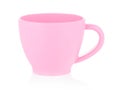 Toy children`s mug pink close-up. Isolate of a plastic mug on a white background. Layout for the designer. Catalog of children`s Royalty Free Stock Photo