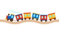 A toy of a children`s train with colored carriages rushes along the rails