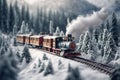 toy Christmas train travels through a snowy landscape among forests and mountains