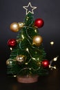 Toy christmas tree with balls on a black background with a garland. Cute