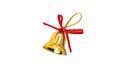 Toy for the Christmas tree branches in the form of a golden bell with a red satin bow and a loop of shiny thread for hanging Royalty Free Stock Photo