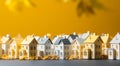 Toy city. Miniature models of realistic houses, blurred background