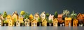 Toy city. Miniature models of realistic houses, blurred background