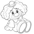 Toy clown sits with a hat on his head, outline drawing, isolated object on a white background, vector illustration, eps