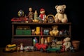 Toy collection on black background.. Generative AI Royalty Free Stock Photo