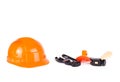 Toy construction helmet and tools over Royalty Free Stock Photo