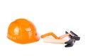 Toy construction helmet and tools over Royalty Free Stock Photo