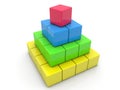 Toy cubes assembled in pyramid on white