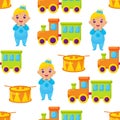 Toy cute doll, train and drum seamless pattern Royalty Free Stock Photo