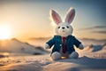 a toy declared in a business suit sits against the backdrop of a sunset