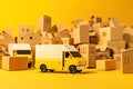 A toy delivery cars with small paper boxes inside and on the roof in bright yellow background