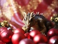 A toy dinosaur figurine with Christmas tree balls on a red background. Created by AI