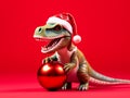 A toy dinosaur figurine with Christmas tree balls on a red background. Created by AI