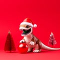 A toy dinosaur figurine with Christmas tree balls on a red background. Created by AI