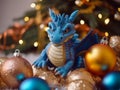 A toy dinosaur figurine with Christmas tree balls on a red background. Created by AI