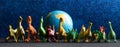 Toy dinosaurs stand next to a globe on a blue background. The concept of protecting planet Earth and preventing alien invasion.