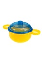 Toy dishes, a yellow saucepan with a blue lid. On a white background, isolated Royalty Free Stock Photo