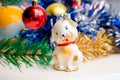 Toy dog near Christmas tree. Christmas toys. New Year greetings_ Royalty Free Stock Photo