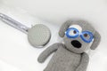 Toy dog swimming pool glasses bathroom Royalty Free Stock Photo