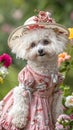 Toy dog in pink dress hat, frolicking in grass with flowers Royalty Free Stock Photo