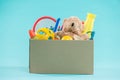 Toy. Donation box with unwanted items for poor Royalty Free Stock Photo