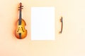 Toy double bass and white mockup blank on pink background, top view Royalty Free Stock Photo