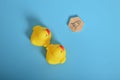 Toy ducks heading to the rocket symbol. Start up and business target achievement concept Royalty Free Stock Photo