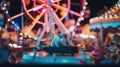 A toy elephant sitting on top of a table in front of a ferris wheel. AI generative image.