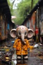 A toy elephant wearing a yellow raincoat standing in a puddle. AI.