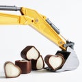 Toy excavator bucket with heart-shaped chocolates. Concept of mining and choosing a love partner, creating a family, dating site.