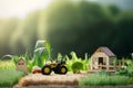 Toy farm with tractor and farm buildings on green field background, ecological agriculture concept. Generative AI