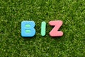 Toy letter in word biz abbreviation of business on green grass background