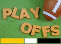 Toy football on grass background with red white and blue color bars across the bottom to match a football league team.