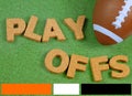 Toy football on grass background with red white and blue color bars across the bottom to match a football league team.