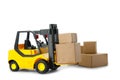 Toy forklift with boxes isolated. Logistics and wholesale concept Royalty Free Stock Photo