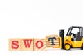Toy forklift hold wood block t to complete word swot abbreviation of strength, weakness, opportunities, threats on white Royalty Free Stock Photo