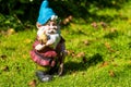 Toy garden gnome with a bird on his hand on a sunny green lawn