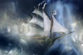 toy ghost ship at night in the fog Royalty Free Stock Photo