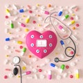 Toy heart with holter and sensors, Stethoscope, tonometer, pills on a light pink background. 3d rendering Royalty Free Stock Photo