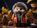 a toy hedgehog wearing an orange jacket and hat