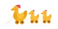 Toy hen and chicken babies vector illustration. Cute yellow animals on wheels connected with rope isolated on white