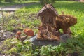 A toy homemade house of a fairy-tale creature made of logs and branches in the park