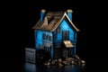 Toy house against black background. layout of a blue house. Model of a house