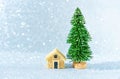 Toy house and Christmas tree background Royalty Free Stock Photo