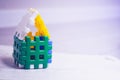 Toy house close up. Multi-colored toy dwelling. A hut made of details. Royalty Free Stock Photo