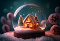 Toy house covered with snow in a glass bowl. AI genarated