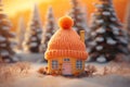 A toy house in the snow in winter is covered with a hat. The concept of keeping warm